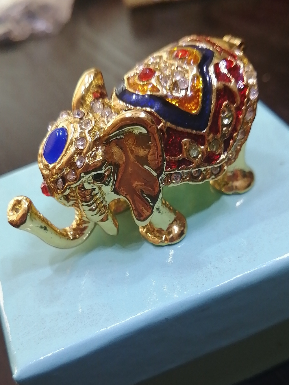 Gold Jeweled Elephant Figurine Trinket with Blue and Red Accents In Original Box